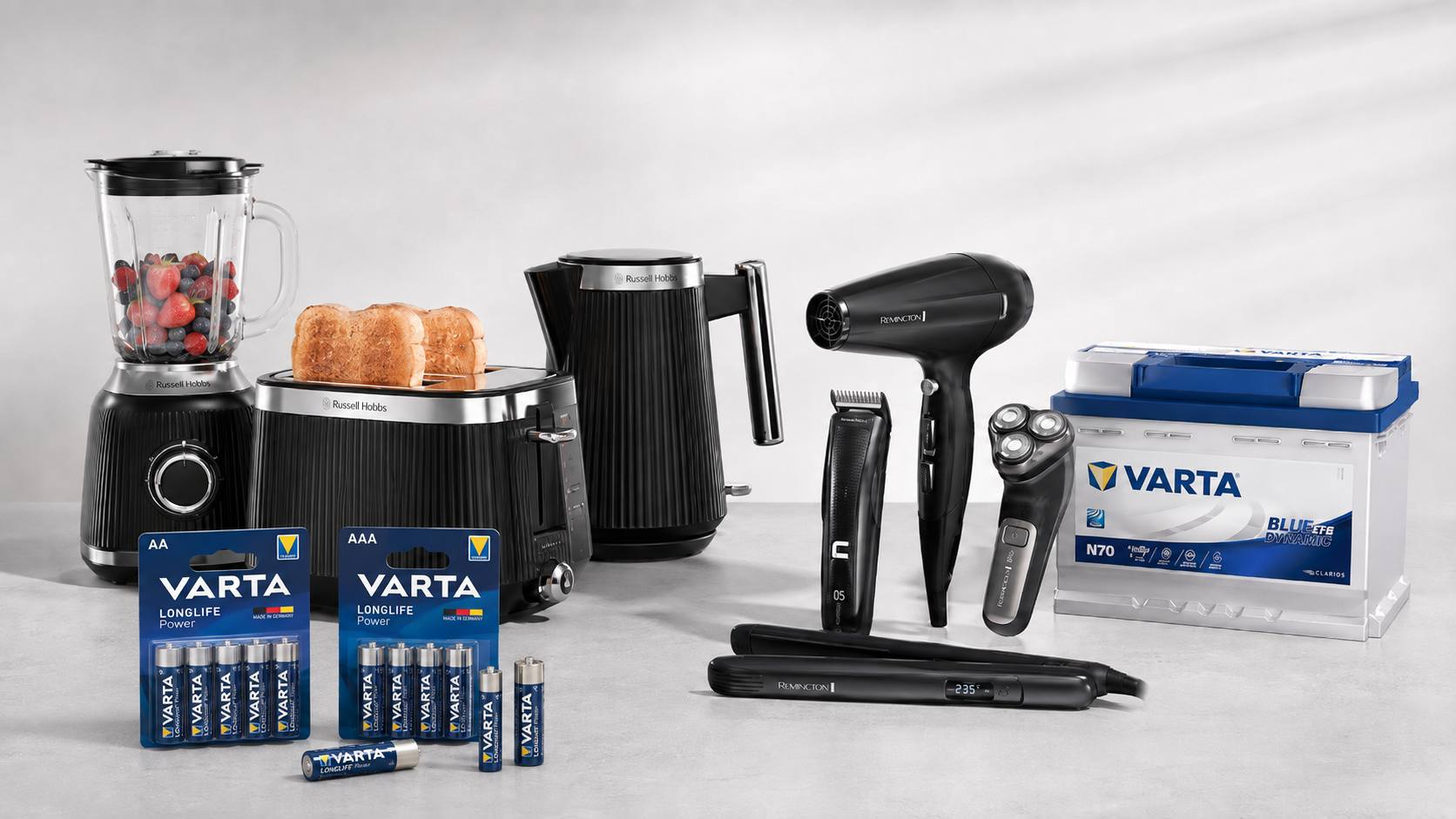 EADL product selection for African distribution: Russell Hobbs small appliances, VARTA batteries and Remington grooming tools