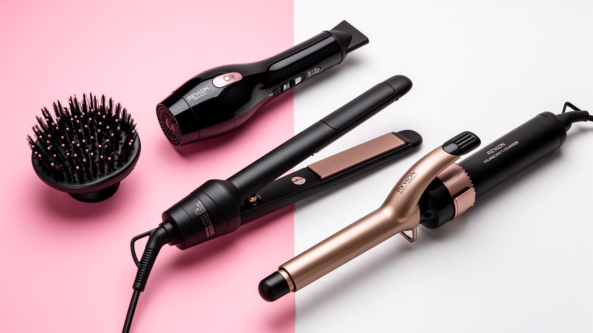 Revlon hair appliance range: dryer, styling brush, straightener and curling iron