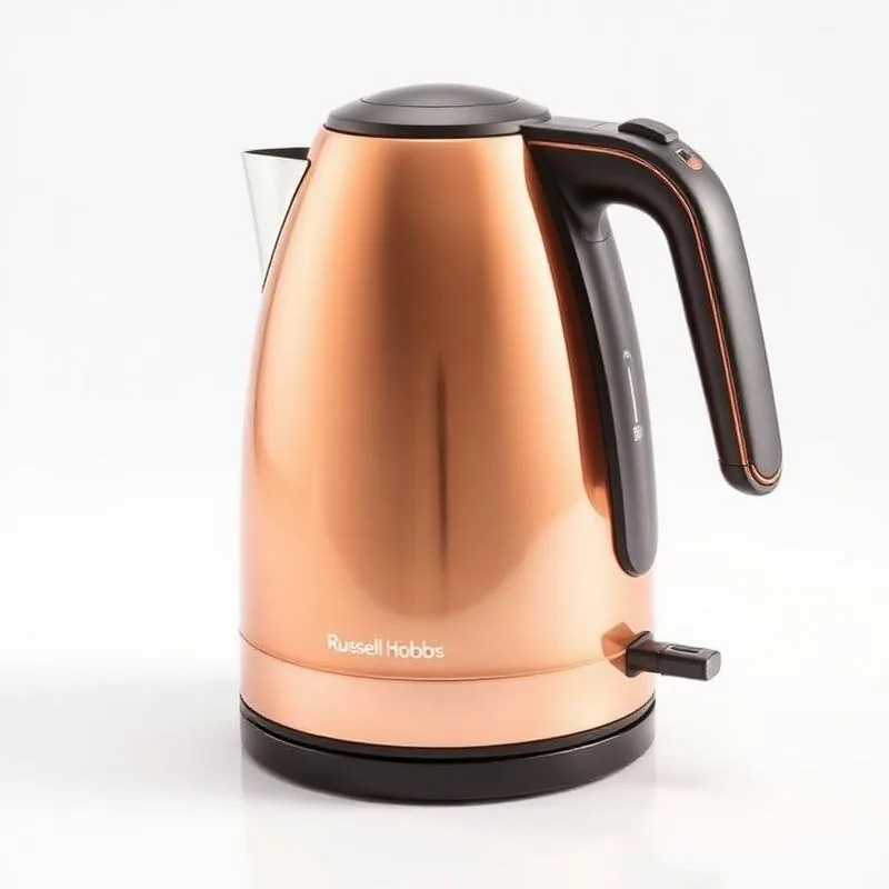 Copper-coloured Russell Hobbs electric kettle with a black handle, lid and base, photographed against a light background.