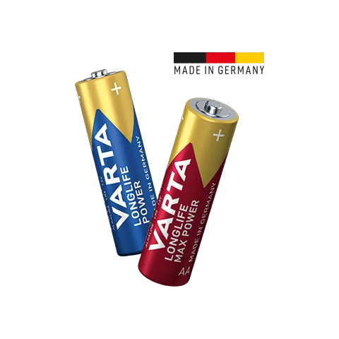 Deux piles VARTA Consumer AA : Longlife bleue et Longlife Max Power rouge, sur fond clair.